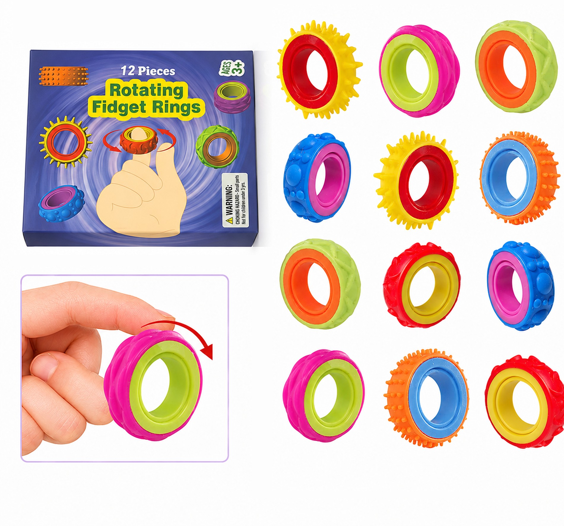 Chrishco 12-piece Rotating Fidget Rings box and contents