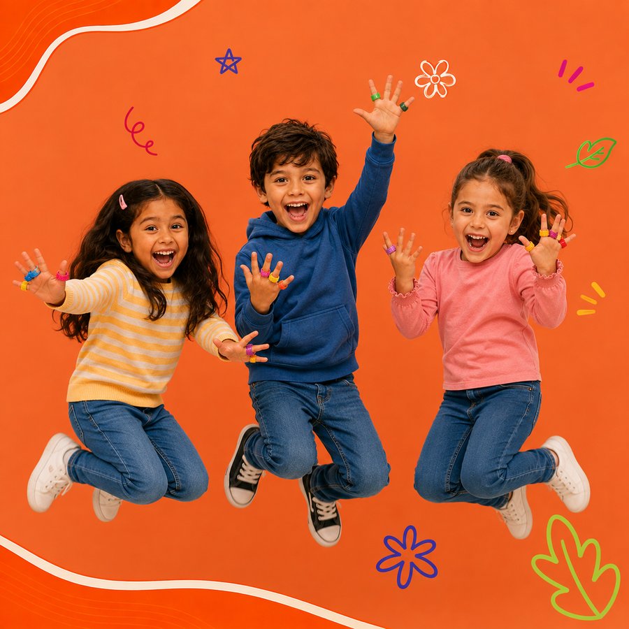 Kids jumping and smiling, holding Chrishco fidget rings