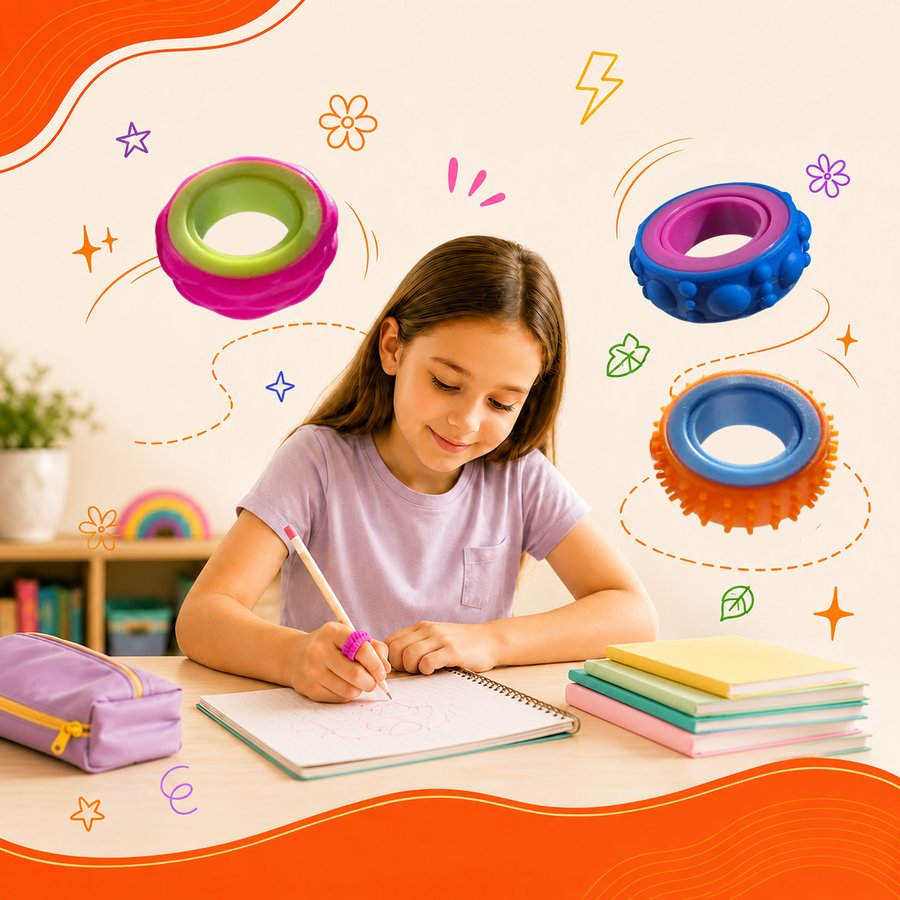 A child using a Chrishco fidget ring while journaling