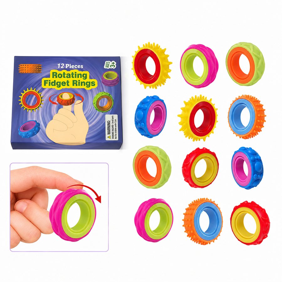 The full range of Chrishco rotating fidget rings in twelve colors